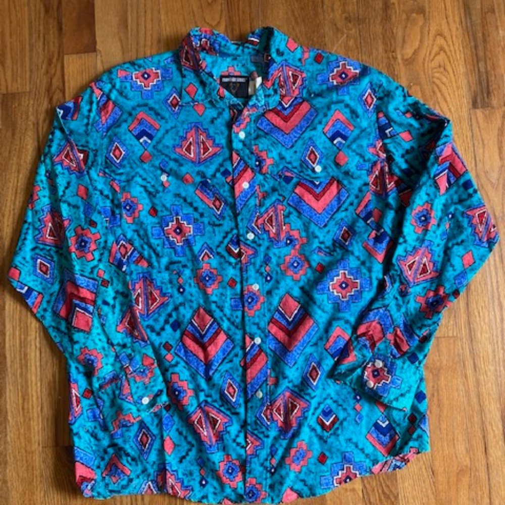 Iconic Frontier Series Teal Southwestern Pattern Button-up